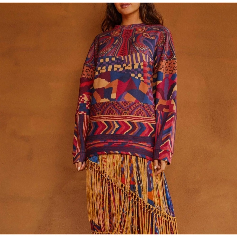 Farm Rio Tunic Sweatshirt Aztec Patchwork Mixed Print Sz S Relaxed Crewneck